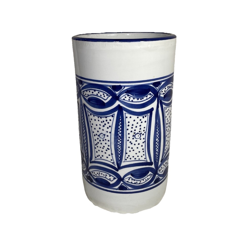 Le Souk UTENSIL WINE BOTTLE HOLDER Ceramique Stoneware White Blue 8” Tunisia