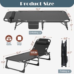 Begonia.K Adults Reclining Folding Chaise Adjustable 4-Gears Sleeping Cots Bed