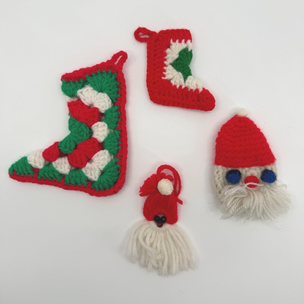 Vtg Handmade Crochet Christmas Ornaments LOT of 4 Santa Stocking Holiday Decor