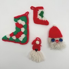 Vtg Handmade Crochet Christmas Ornaments LOT of 4 Santa Stocking Holiday Decor