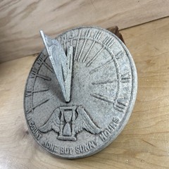 VTG 9” Sundial “I Count None But Sunny Hours” Winged Hourglass Garden Patina