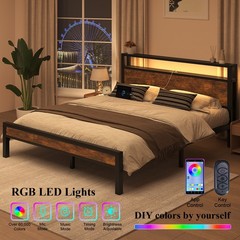 Full/Queen/King Metal Bed Frame with Storage Headboard and Charging Station