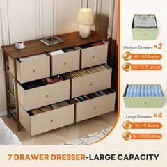 Khaki 7 Fabric Drawers Dresser Wooden Top,Bedroom Retro Fabric Storage Furniture