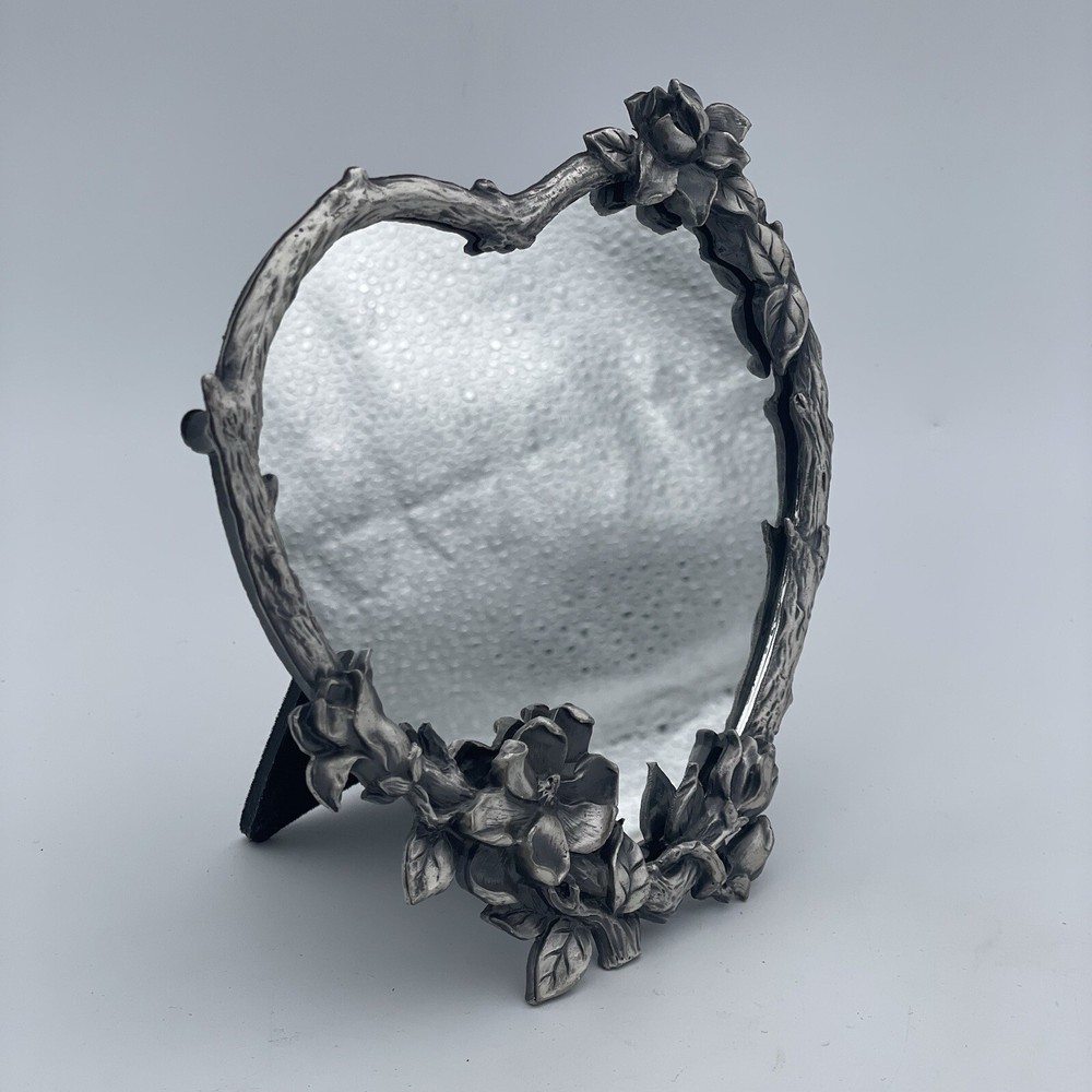 Heart Shaped Cast Iron Silver Make Up Mirror – Desk Top Branch Flower