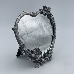Heart Shaped Cast Iron Silver Make Up Mirror – Desk Top Branch Flower