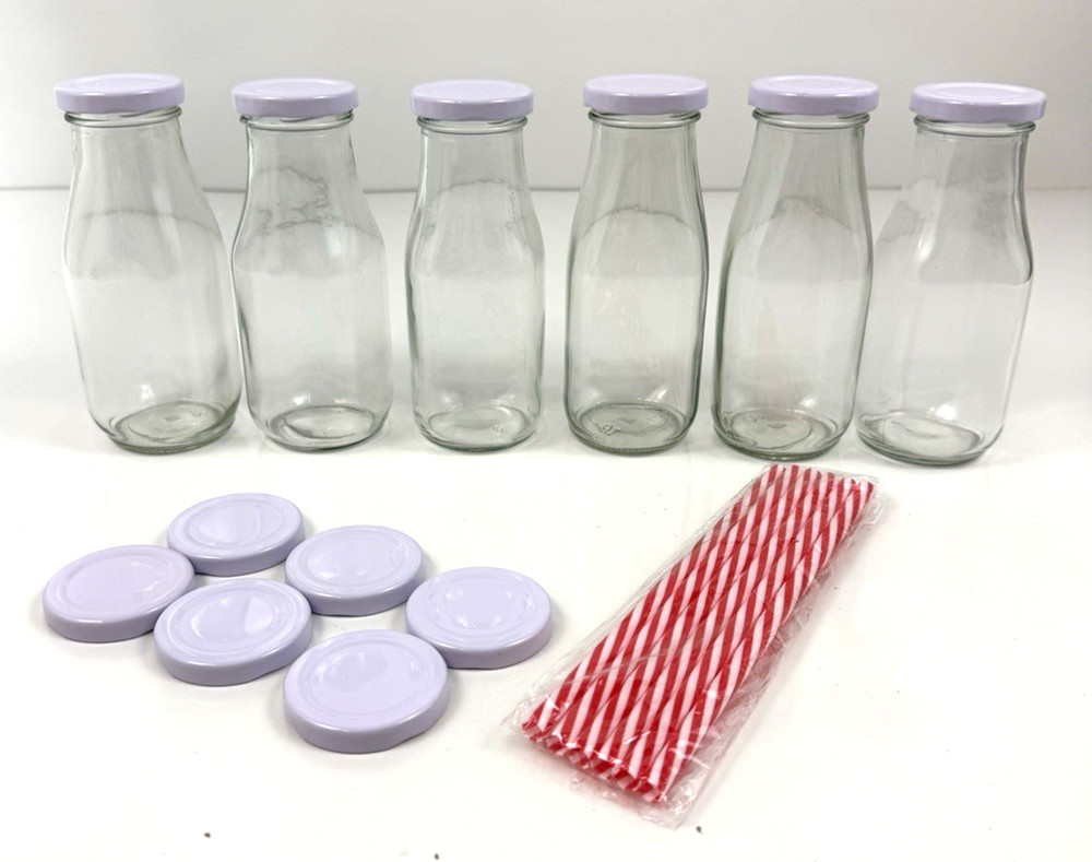 10 oz. Glass Milk Bottles Reusable with Lids and Red & White Straws Lot of 6