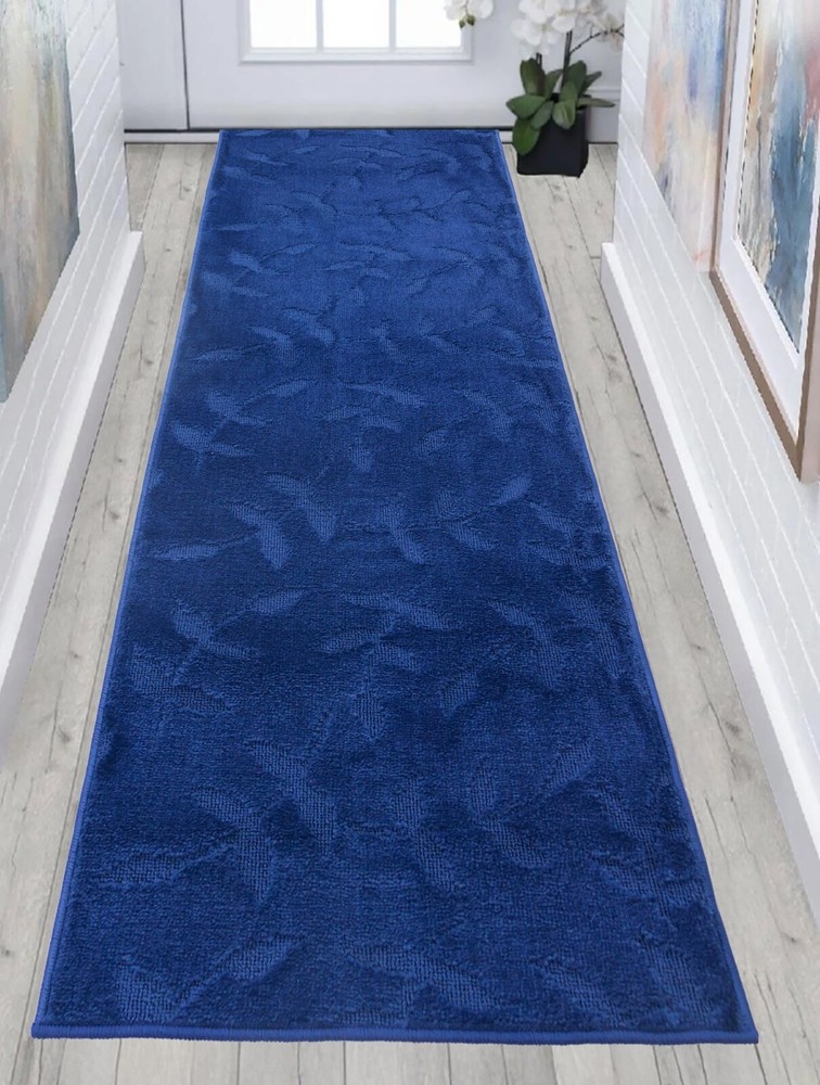 Custom Size Navy Leaves Floral Design Washable Runner Rugs 26″ Wide by Feet Size