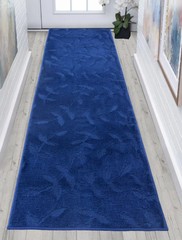 Custom Size Navy Leaves Floral Design Washable Runner Rugs 26″ Wide by Feet Size