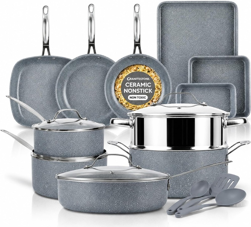 Granitestone 20 Pc Pots and Pans Set Nonstick Ceramic Cookware Set, Gray