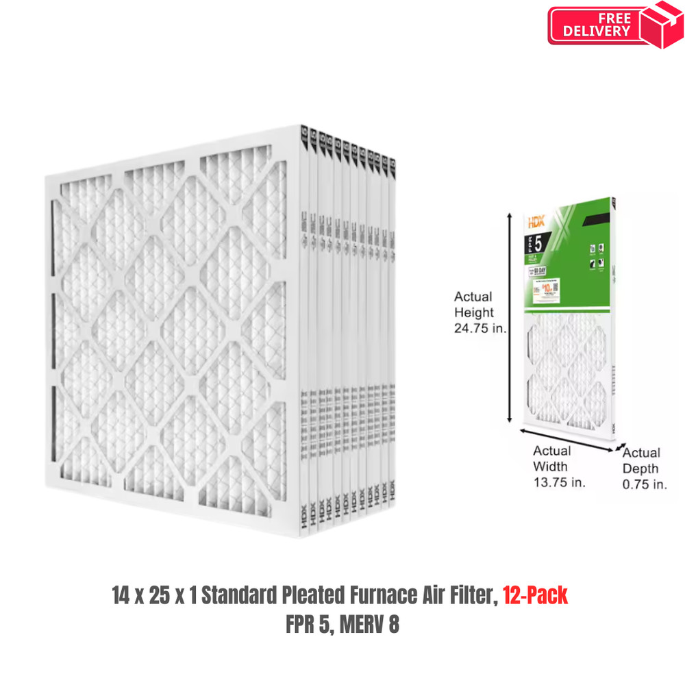 14 x 25 x 1 Standard Pleated Air Filter FPR 5, 12-Pack, Air Filters Replacement