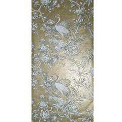 Gold foil metallic gray Chinoiserie blooming peonies branches cranes wallpaper