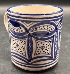 Le Souk Ceramique Tunisia Blue White Hand Painted Geometric Design Coffee Mugs