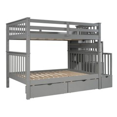 Full Over Full Bunk Bed w/ 6 Storage Drawers & Stairs For Kids Teens Adults Gray