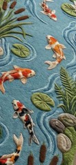 Hand Tufted Koi Pond Wool Runner Rug Nature Hallway Decor Water Garden Japanese