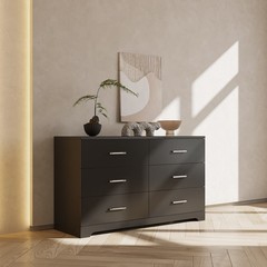 6 Drawer Double Dresser Black Wide Storage Chest of Drawers Bedroom Living Room
