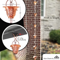 8.5 ft rain chain Pure Solid Copper Vinyard cups JAS8005C NEW