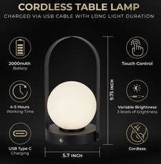 Alsy 9.8 In. Black Contemporary Rechargeable 3 Integrated LED Globe Lamp Set Of