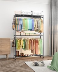 Sakugi Clothes Rack, Heavy-Duty Garment Rack with Shelves & Wheels, Freestanding