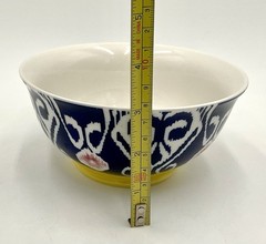 Anthropologie Footed Cereal Rice Bowl Ikat Design Blue White Yellow Pink 6.25 in