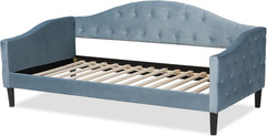 Light Blue Velvet Twin Daybed with Dark Brown Wood Finish