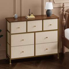 Khaki 7 Fabric Drawers Dresser Wooden Top,Bedroom Retro Fabric Storage Furniture
