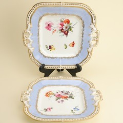 Minton Pattern 139 Pair Floral Lavender Blue Shape “N” Cake Plates Regency 1830
