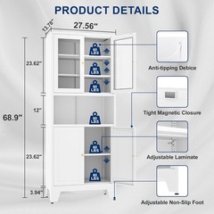 69″ Metal Kitchen Pantry Storage Cabinet With Glass Doors For Kitchen, Office