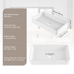 VEVOR Modern Ceramic Vessel Sink 24″x13.8″ Bathroom Vanity Bowl Countertop White