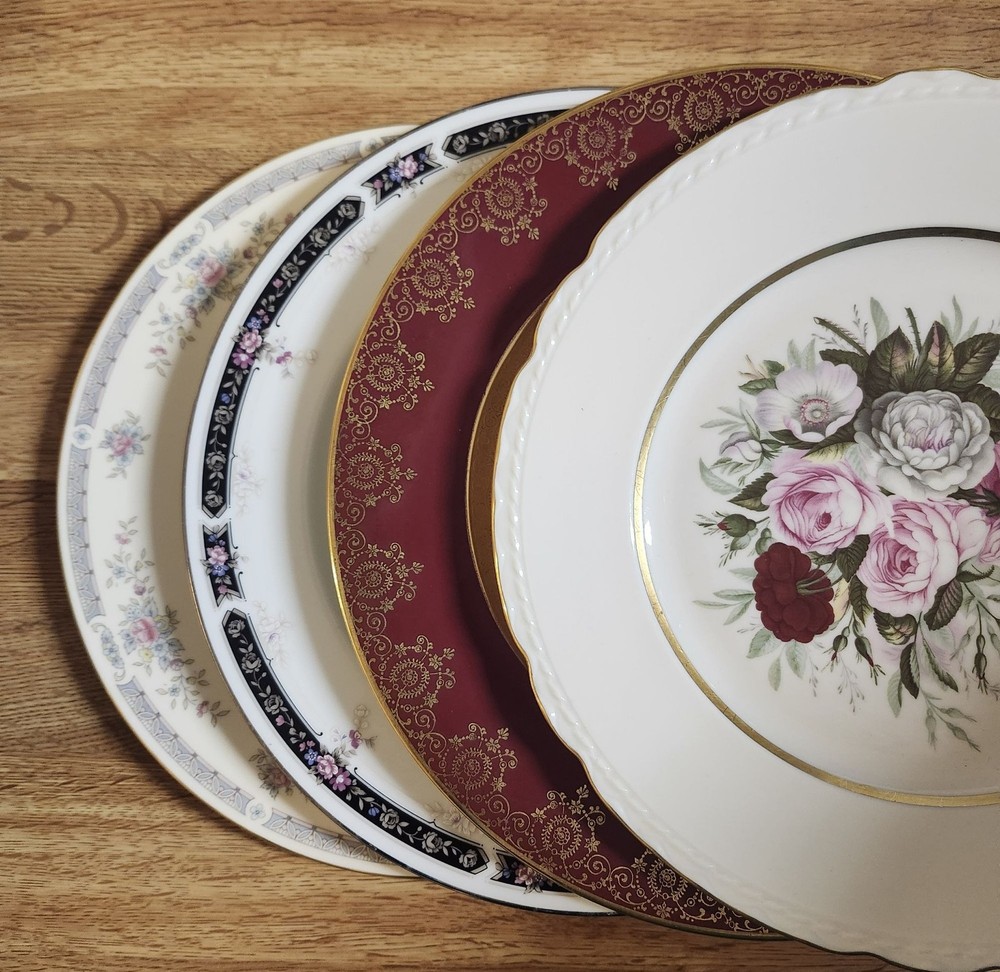 Mismatched Fine China Dinner Plates Gold Rims 10.25-11″ Florals Porcelain Eclect