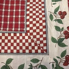 Red And White Check Cotton Tablecloth With Wide White & Cherry Border 52”x78”