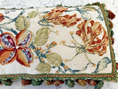 Vintage Handmade Wool Needlepoint Pillow Flowers Tassel Fringe Velvet 21″ x 11″