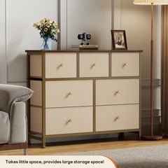 Khaki 7 Fabric Drawers Dresser Wooden Top,Bedroom Retro Fabric Storage Furniture