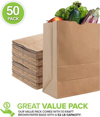 52 Lb Kraft Brown Paper Bags (50 Count) – Bulk Large Grocery Bags for Shopping