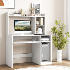 Modern White Desk with Hutch & Charging Station for Home Office & Study