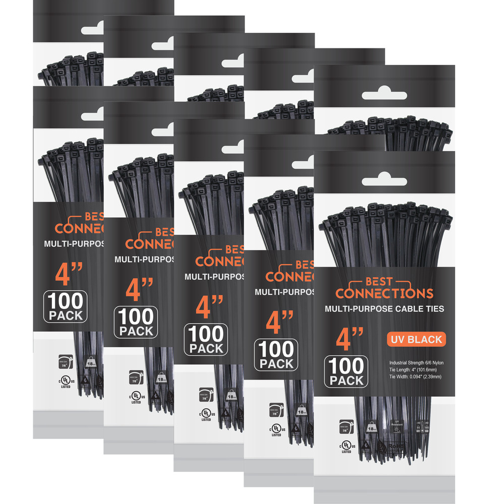 1000 Pcs 4″ inch Black Nylon Cable Zip Ties 18 lb Tensile Strength