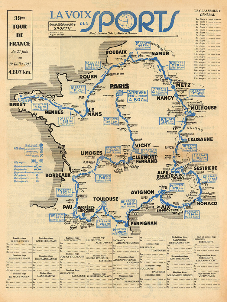 1952 TOUR DE FRANCE MAP POSTER