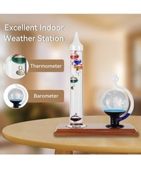 Glass Indoor Weather Station Thermometer Barometer, 11.3×10.3×4.8in, Wood Base