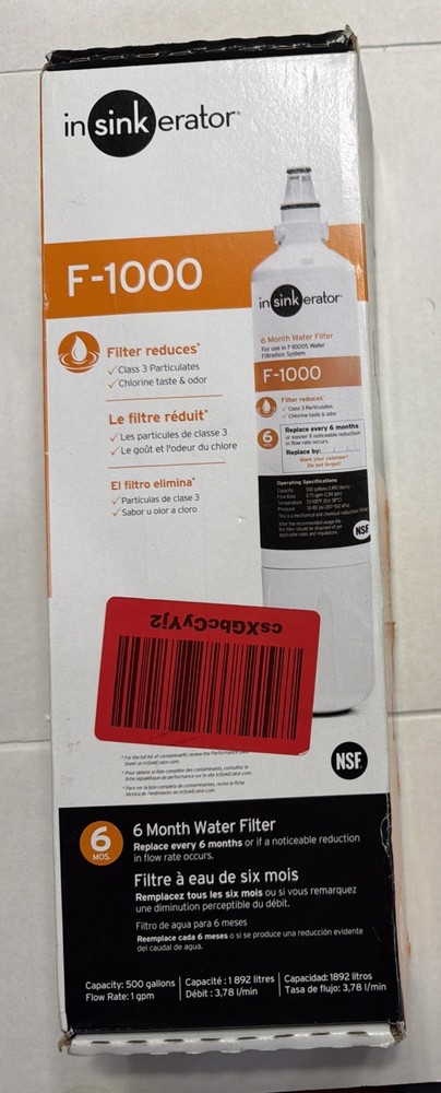 InSinkErator F-1000 Replacement Filter Cartridge 6 Months Carbon/Charcoal Water