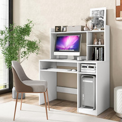 Modern White Desk with Hutch & Charging Station for Home Office & Study