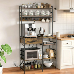 Large Brown Shelf Unit with Power Outlet, Freestanding Storage Organizer