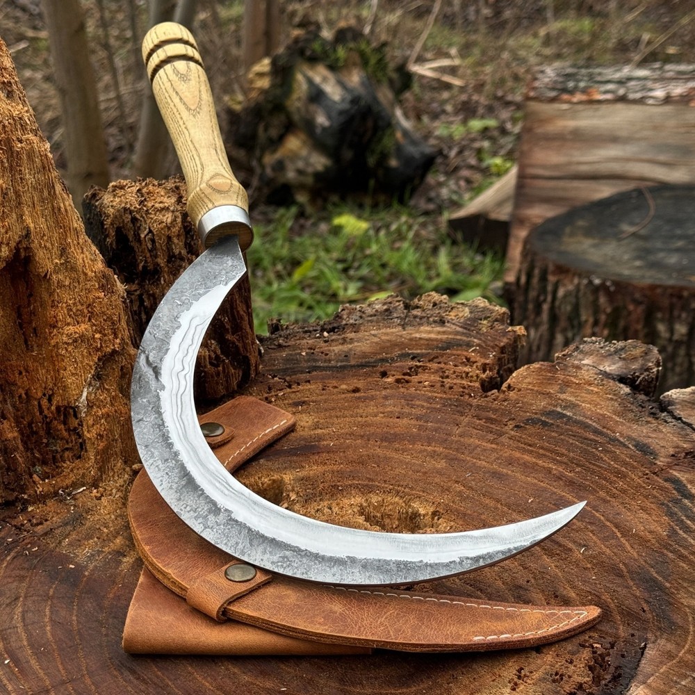 Forged Gardening Sickle 7.48” Blade Carbon Steel with Leather Sheath Belt Loop