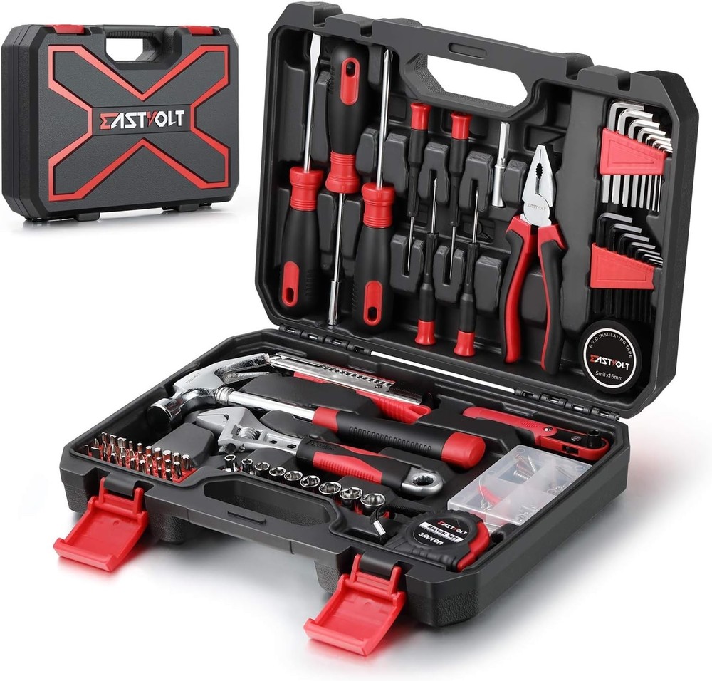 Home Repair Tool Set 128 Pieces Steel Hand Tools with Storage Toolbox Black Red