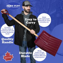 Farm Tuff Heavy Duty Snow Shovel with Hardwood Ash Handle, Red, 15.5in