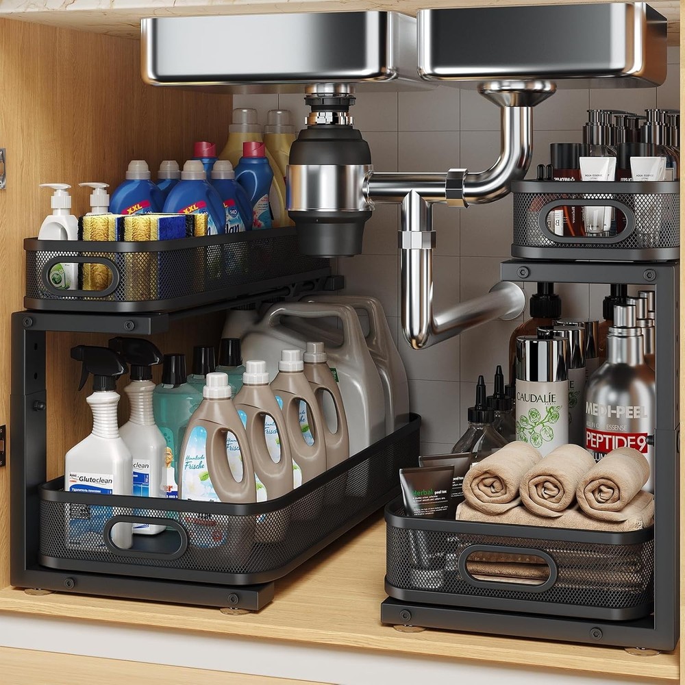 2 Pack 19.3IN-Depth Under Sink Organizer with Smooth Cylindrical Rail,2-Tier Pul