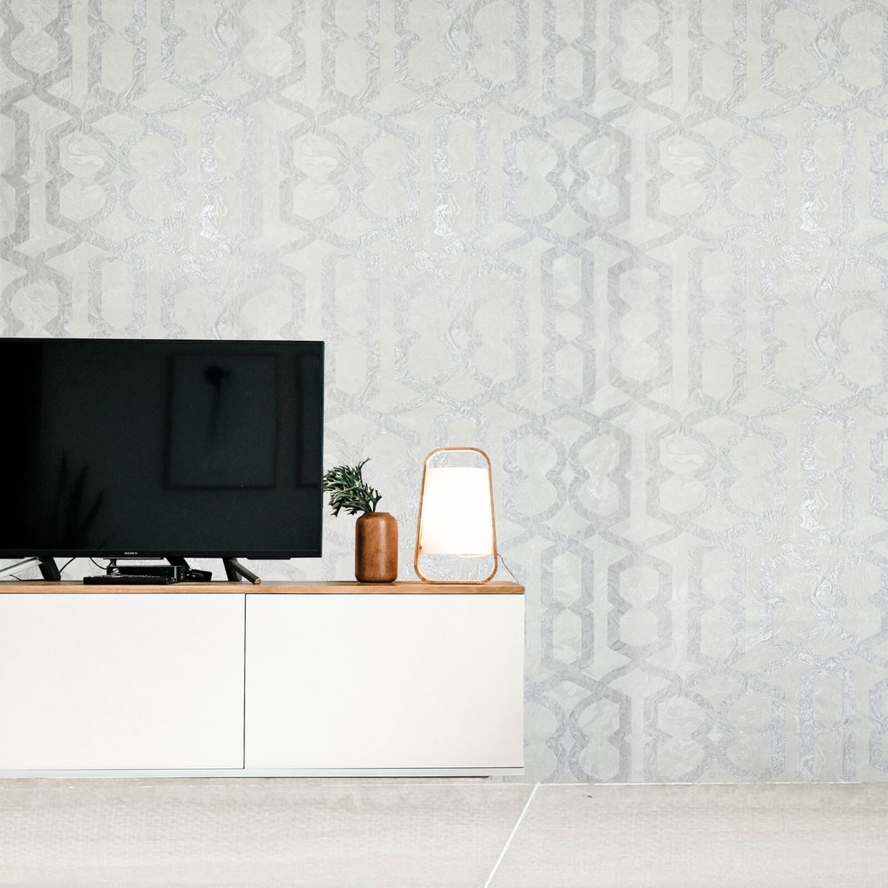 White cream tan silver trellis lines faux liquid art marble textured Wallpaper