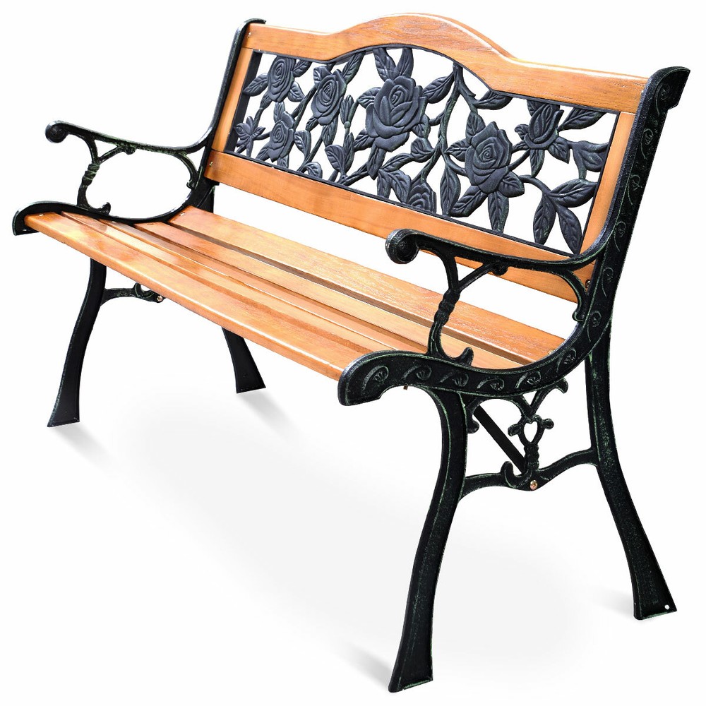 Patio Park Garden Bench Porch Path Chair Furniture Cast Iron Hardwood New