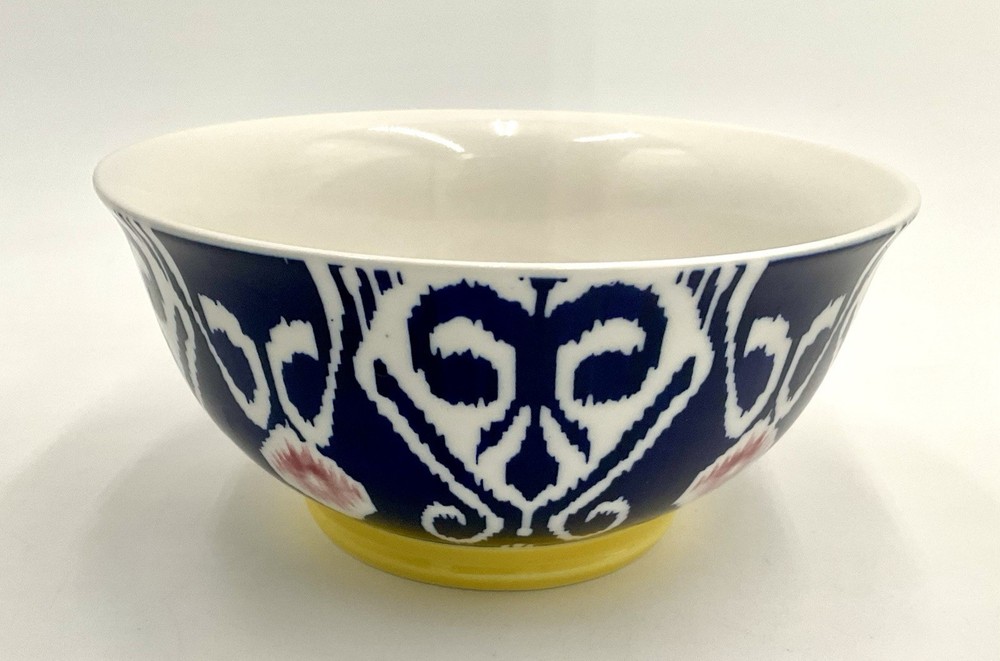 Anthropologie Footed Cereal Rice Bowl Ikat Design Blue White Yellow Pink 6.25 in