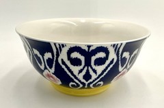 Anthropologie Footed Cereal Rice Bowl Ikat Design Blue White Yellow Pink 6.25 in