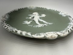 Vintage German Jasperware CUPID Green Wall Hanging/ Decorative Dish 4.25in