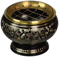 Small Decorated Brass Charcoal Screen Incense Burner with Wooden Coaster, 2-inch
